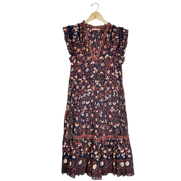 ULLA JOHNSON Linnea Ruffled Cotton Floral Midi Dress in Midnight SOLD - Picture 3 of 7